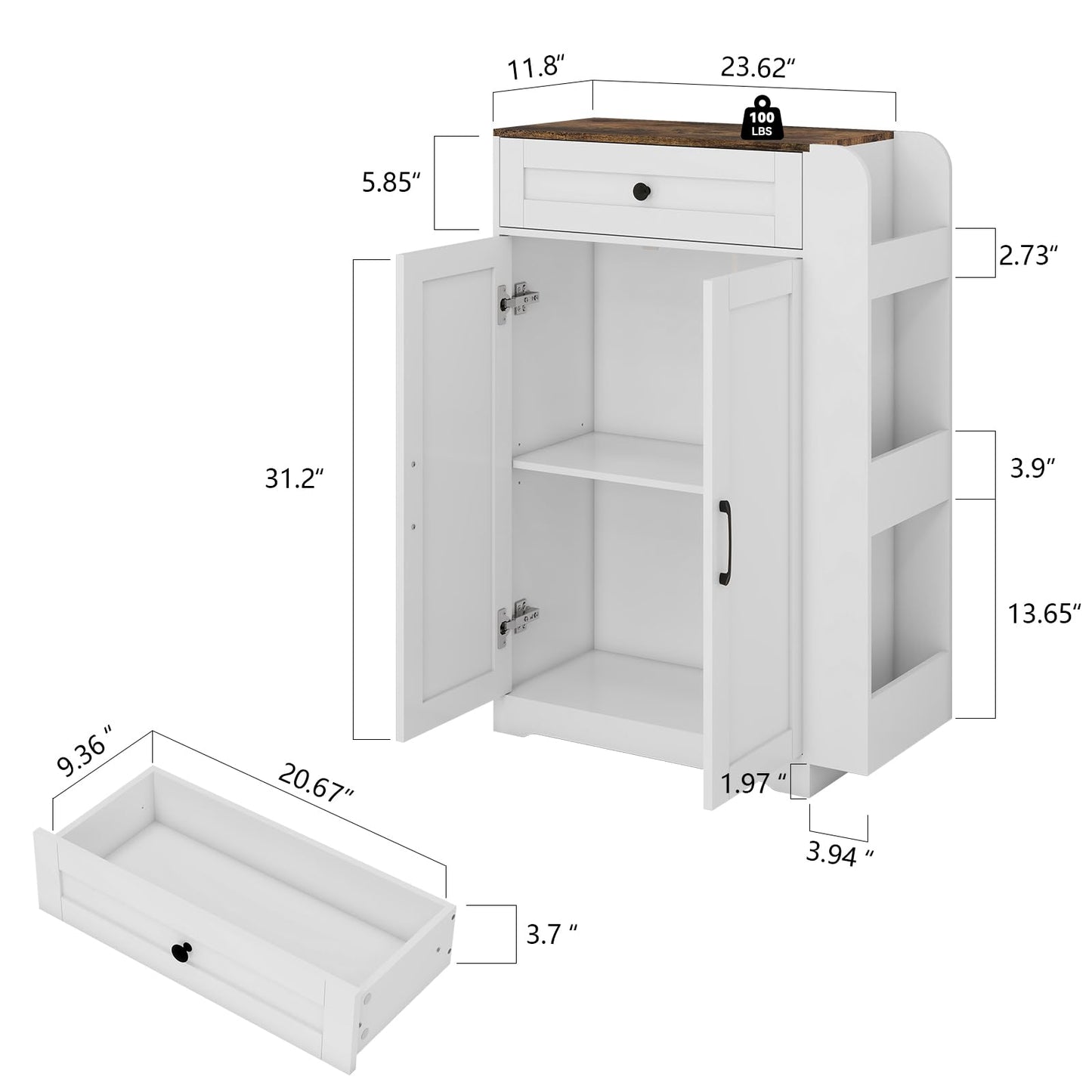 SOLIDEE Modern Buffet Cabinet with Storage, 23.6" Narrow Sideboard with 3-Tier Side Racks, Kitchen Storage Cabinet with Drawer, 2 Shaker Doors and Adjustable Shelf, White
