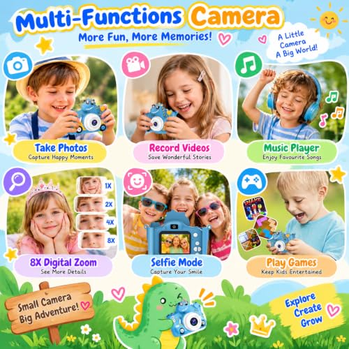 Kids Digital Camera, 1080P HD Video Camera for Toddlers with 32GB SD Card, Dinosaur Protective Case, Card Reader, Fun Selfie Toy Camera for Ages 3-12, Christmas/Birthday Gift for Boys & Girls