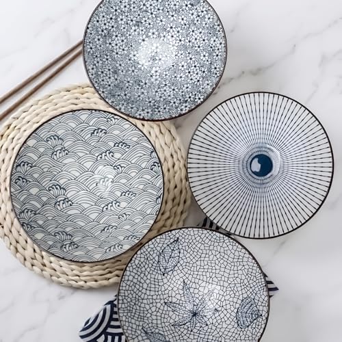 QINLANG 38 oz Japanese Ramen Bowls, Ceramic Set of 4 for Cereal, Soup, Pho, Noodles - Blue and White, 8 Inches