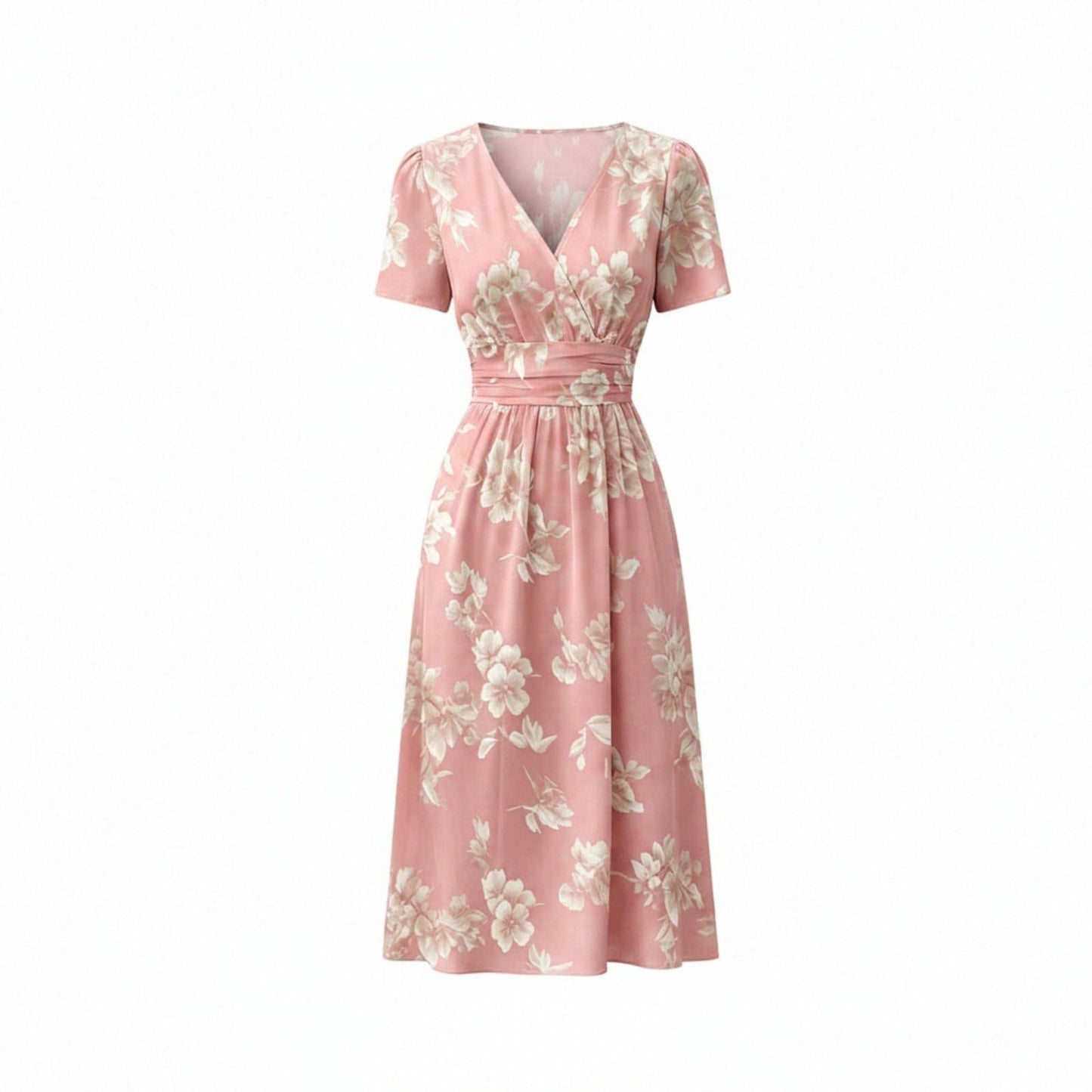 Women's V Neck Wrap Midi Dress Floral Print Solid Ombre Short Sleeve Flowy A-Line Summer Vacation Sundress for Women