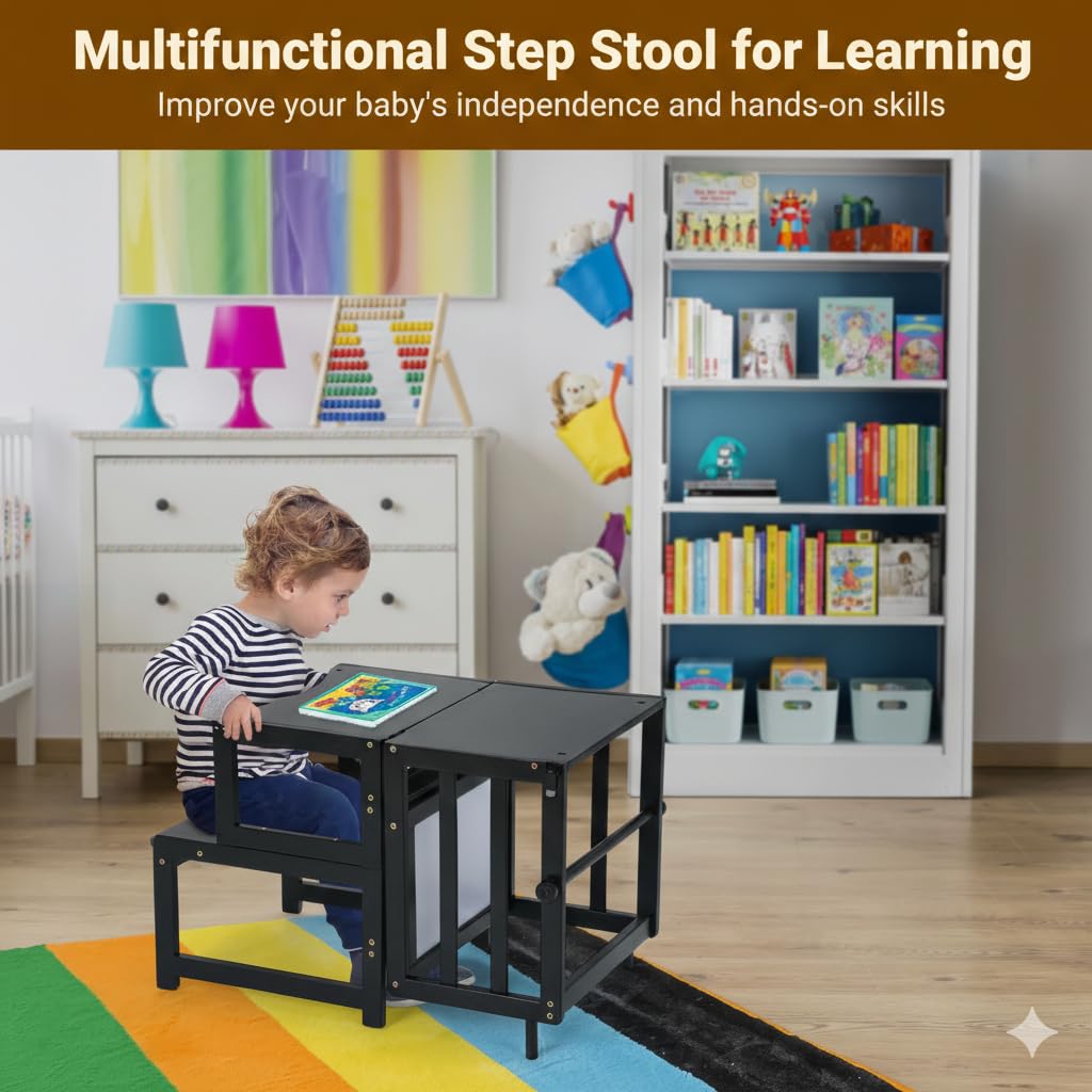COSYLAND Kitchen Step Stool for Toddlers, Multifunctional Toddler Standing Tower with Safety Rail and Whiteboard, Convertible into Desk Table and Chair, Wooden Toddler Kitchen Stool Helper (Black)