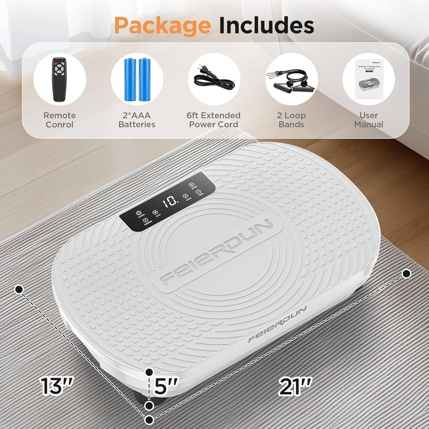 FEIERDUN Vibration Plate Exercise Machine, Full Body Vibrating Plate with Wider Platform, 150kg (330lbs) Capacity, Plaque Vibrante with LED Screen, Remote & Resistance Bands,White