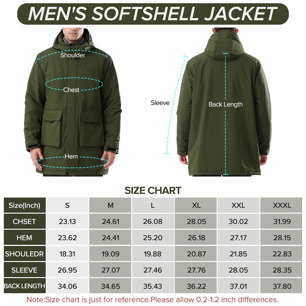 CAMELSPORTS Mens Winter Coats Long Warm Jacket with Hood Casual Quilted Puffer Parka Windproof Jackets, 601-green, Large