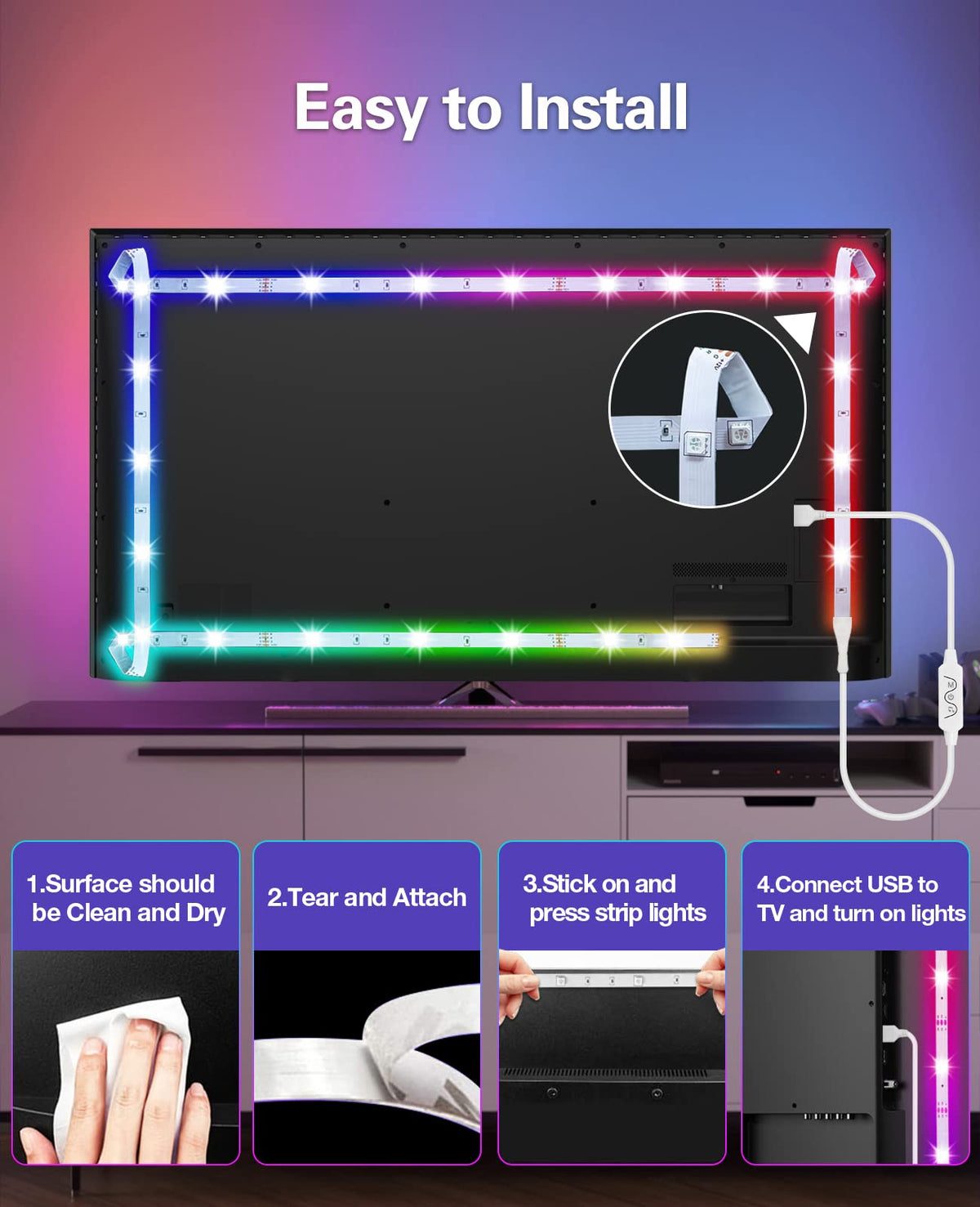 Daymeet RGBIC LED Backlight Strip, 13.1ft for 45-60inch TV/Monitor, USB Powered, Music Sync, Bluetooth App and Remote Control