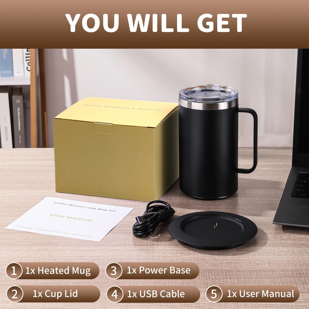 Zhenglu Coffee Warmer Mug Set for Desk, Self Heating Coffee Cup(Black-14oz)