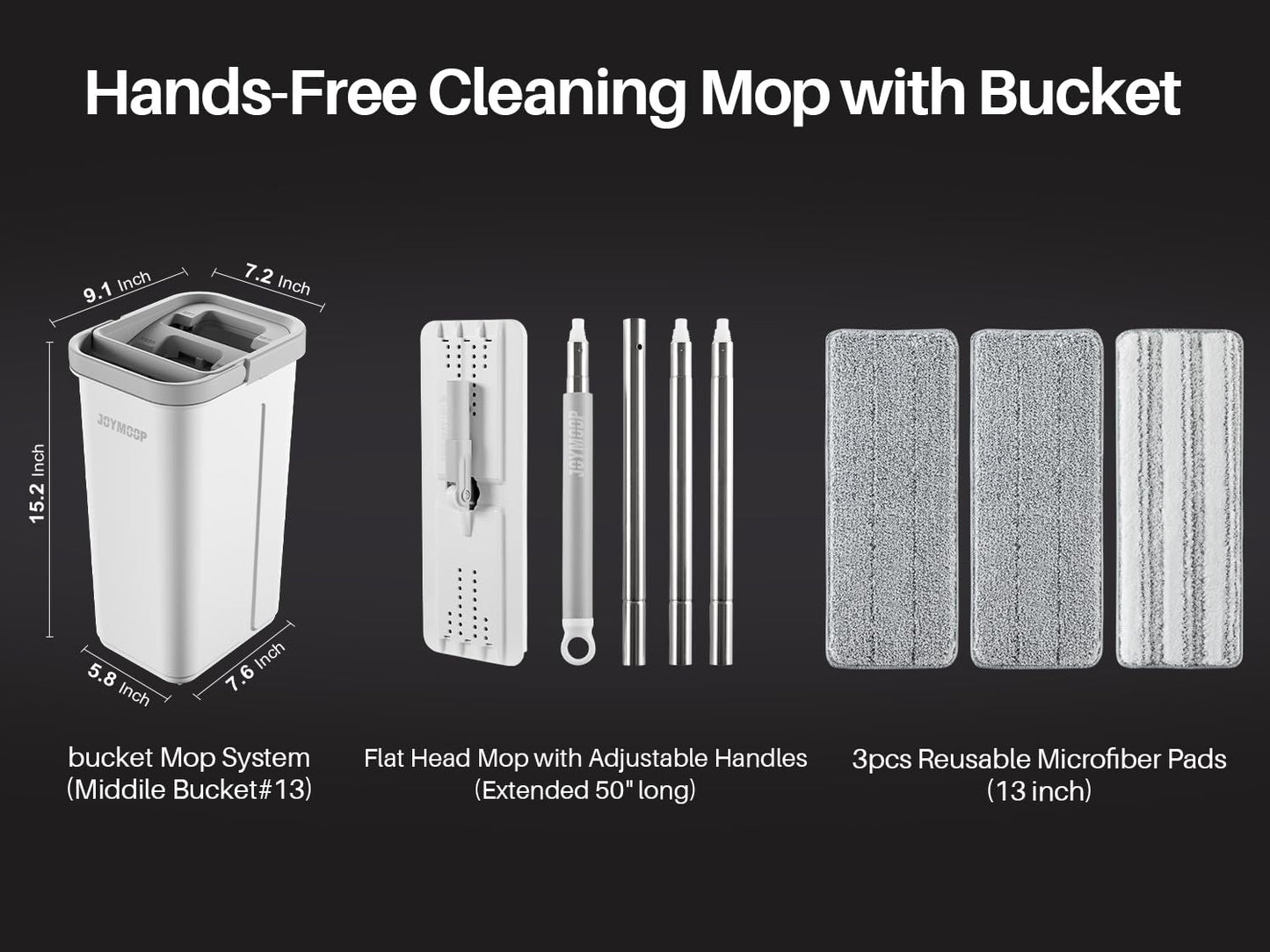 JOYMOOP Hands Free Flat Floor Mop and Bucket with Wringer Set, 3 Washable Microfiber Mops, Wet and Dry Use, Floor Cleaning System