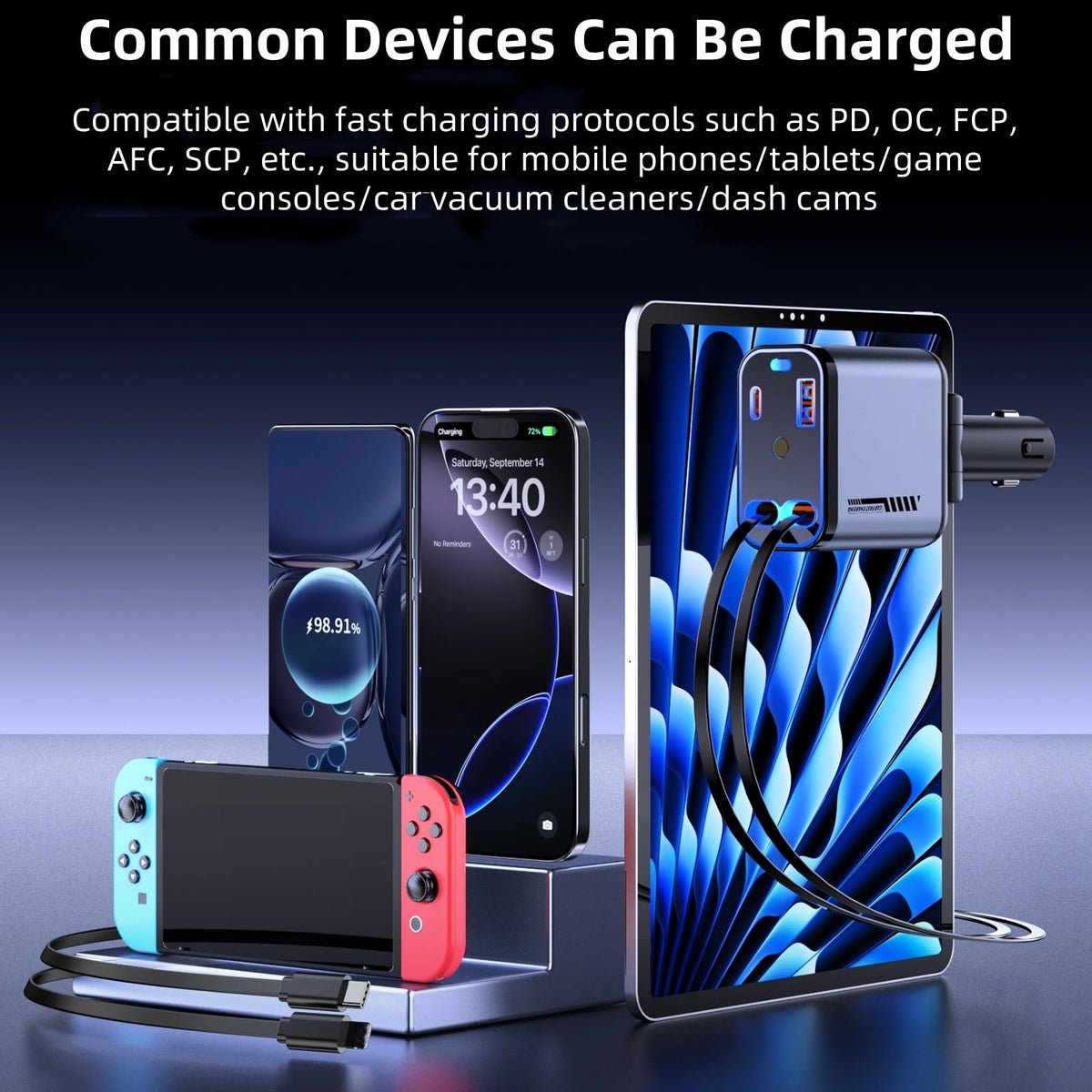 Retractable Car Charger with Galaxy Projector,Type C Fast Car Charger with 120W Power, 2 USB Ports, and Retractable Cables,Compatible with iPhone 16/15/14/13/12/11/iPad and Galaxy Models S23/S22/S10