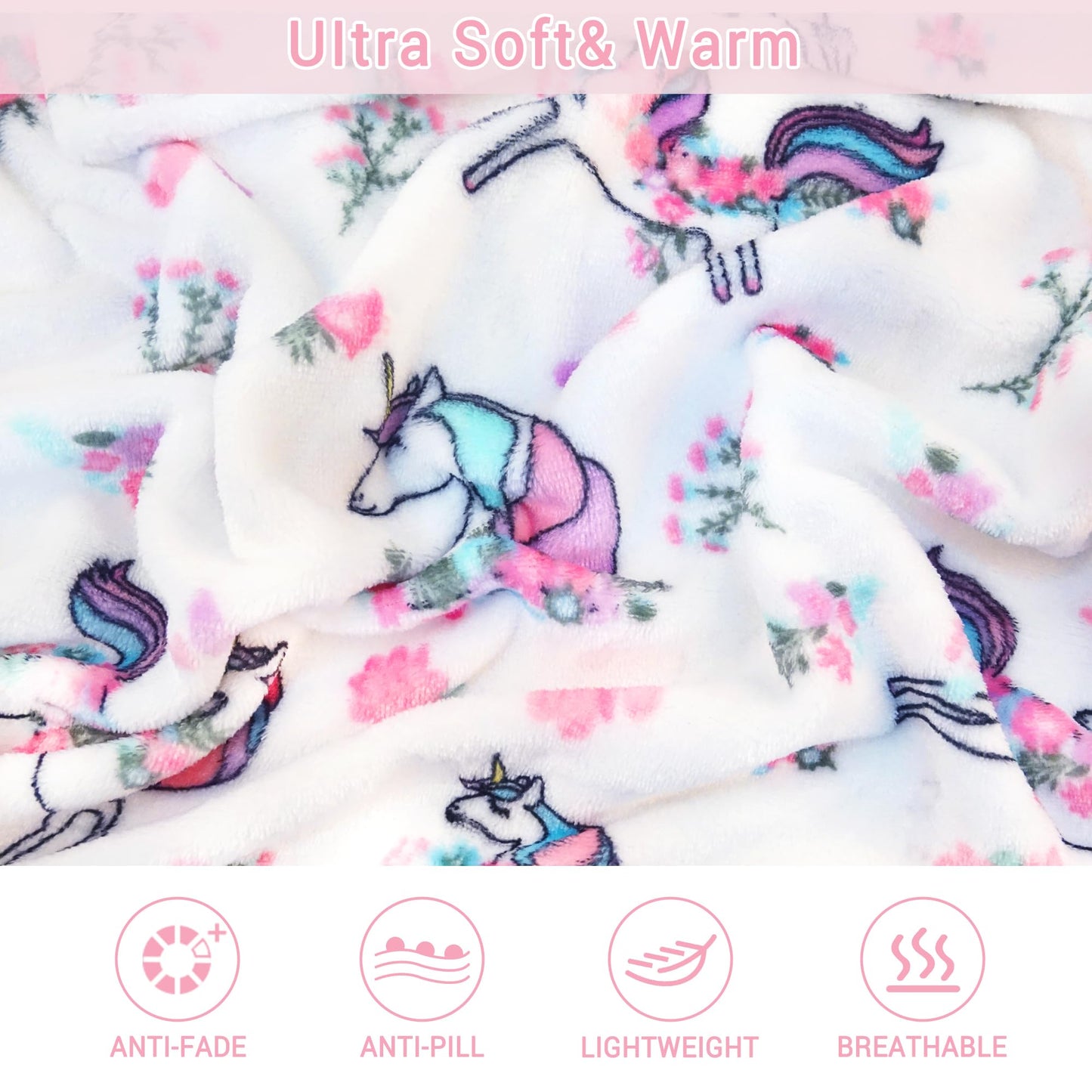 Viviland Wearable Fleece Blanket Hoodie, Blanket Hoodie for Kids with Sleeves & Foot Pocket, 47" X 47" Lightweight Soft Like Flannel, White Unicorn Pattern