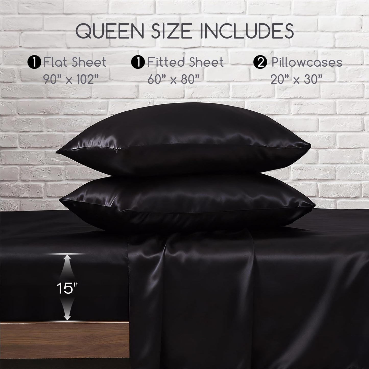 MR&HM Satin Bed Sheets, Queen Size Sheets Set, 4 Pcs Silky Bedding Set with 15 Inches Deep Pocket for Mattress (Queen, Black)