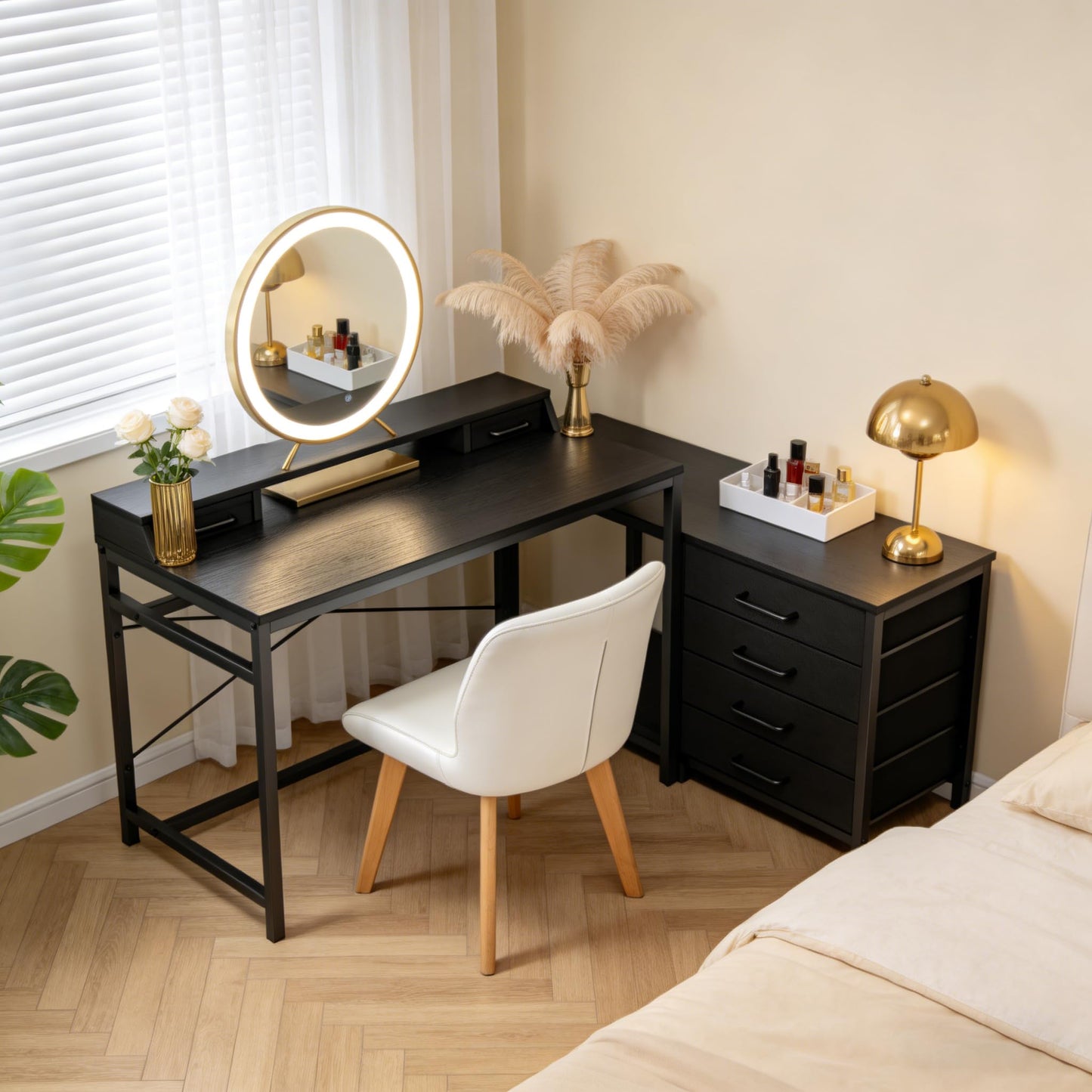 L Shaped Computer Desk with 4 Drawers Reversible Side Storage Shelves 39.3 Inch Office Corner Desk Computer Table Writing Study Table for Home Office Bedroom Small Space