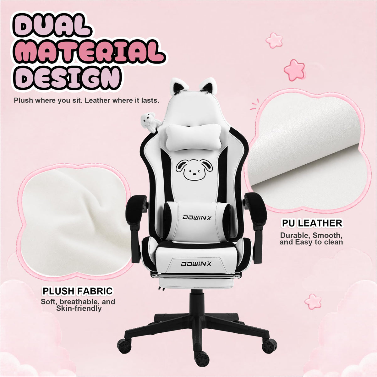 Dowinx Cat Ear Gaming Chair for Adults, Ergonomic Computer Chair with Massage Lumbar Support, Reclining Gamer Chair with Footrest and Headrest, 290 lbs