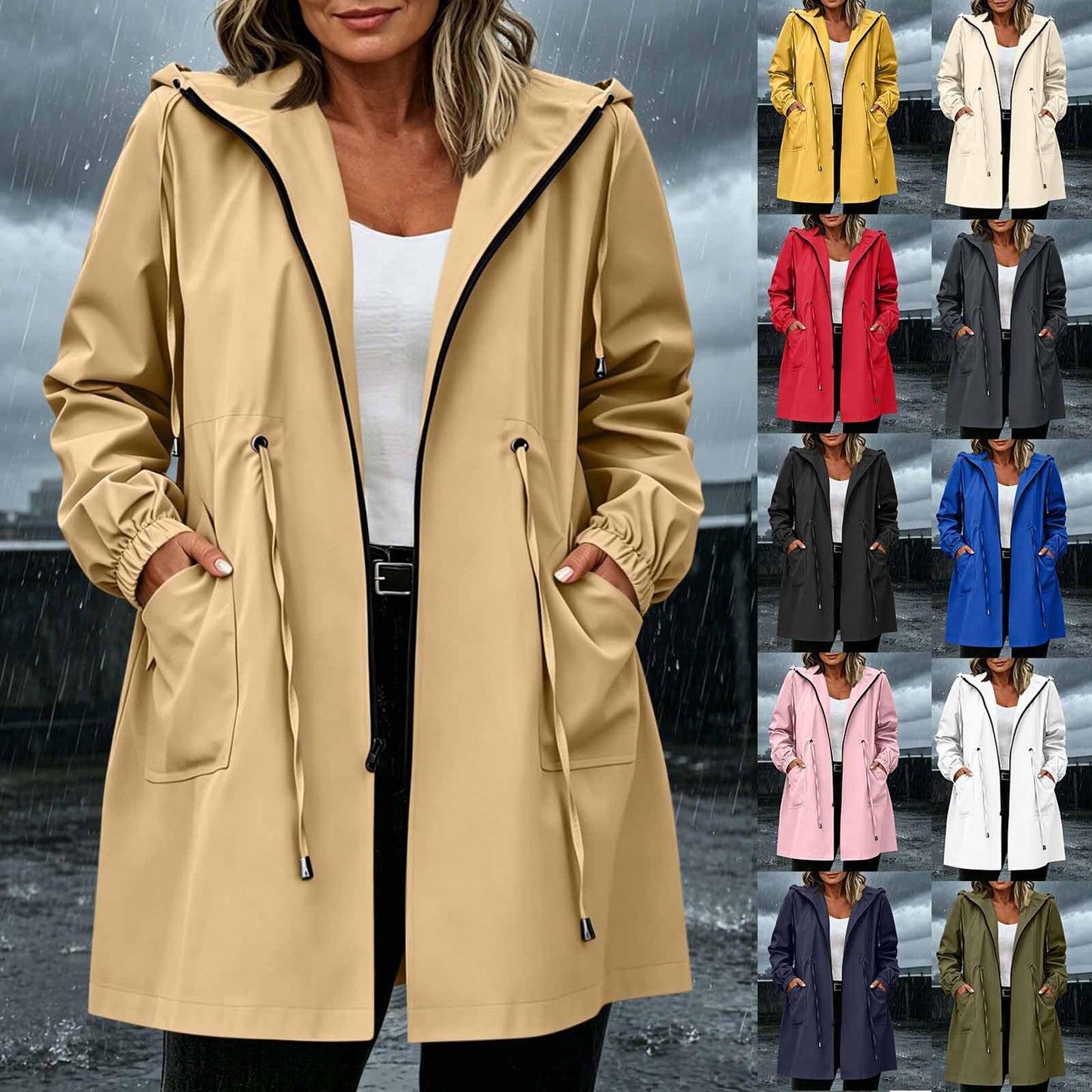 Rain Jacket Women Waterproof Hooded Lightweight Outwear Zip up Raincoats Plus Size Cozy 2026 Trench Coat with Pockets