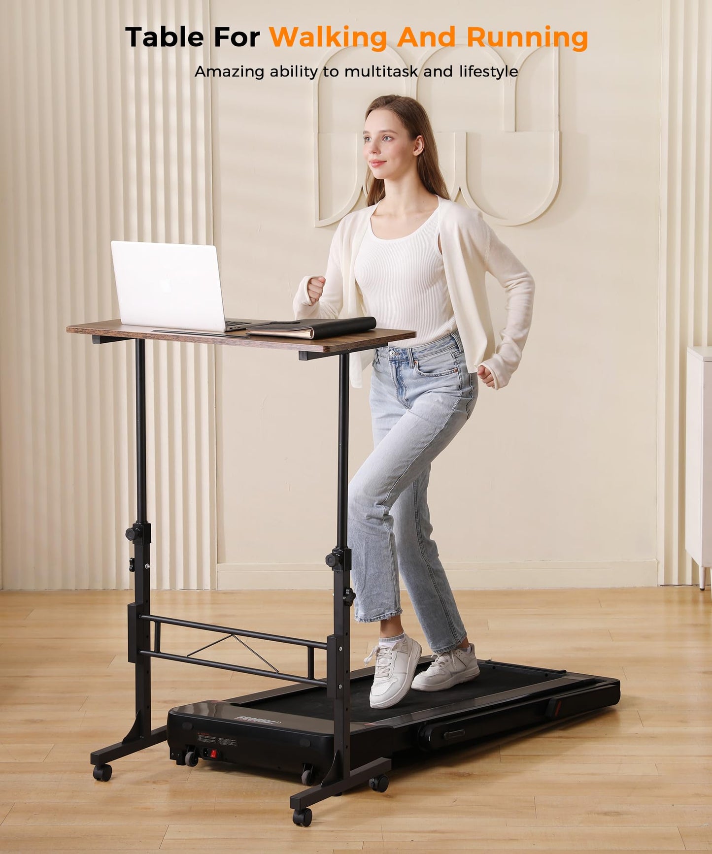 Small Standing Desk Adjustable Height 32 Inch Mobile Sit Stand up Desk Portable Rolling with Wheels Standing for Walking pad Treadmill Rustic