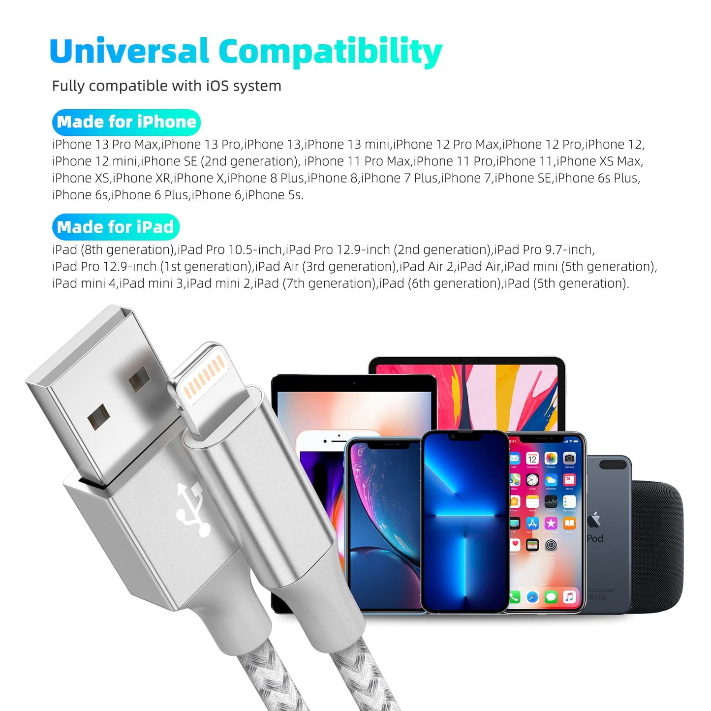 Bkayp Apple MFi Certified iPhone Charger 3pack 10FT Long Lightning Cable Fast Charging High Speed Data Sync USB Cable Compatible iPhone 14/13/12/11 Pro Max/XS MAX/XR/XS/X/8/7/Plus/6S (Grey White)