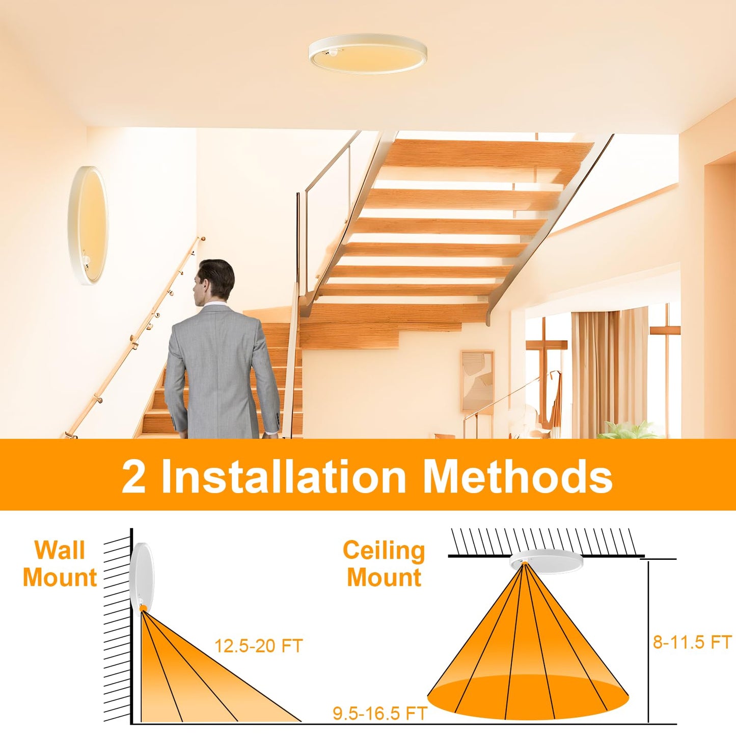 2 Pack LED Flush Mount Ceiling Light, Eleganted 20W 2200LM Ceiling Light Fixtures, 3000K-6500K Adjustable Motion Sensor Ceiling Light for Bedroom Kitchen Dining Room - 3 Color Temperatures