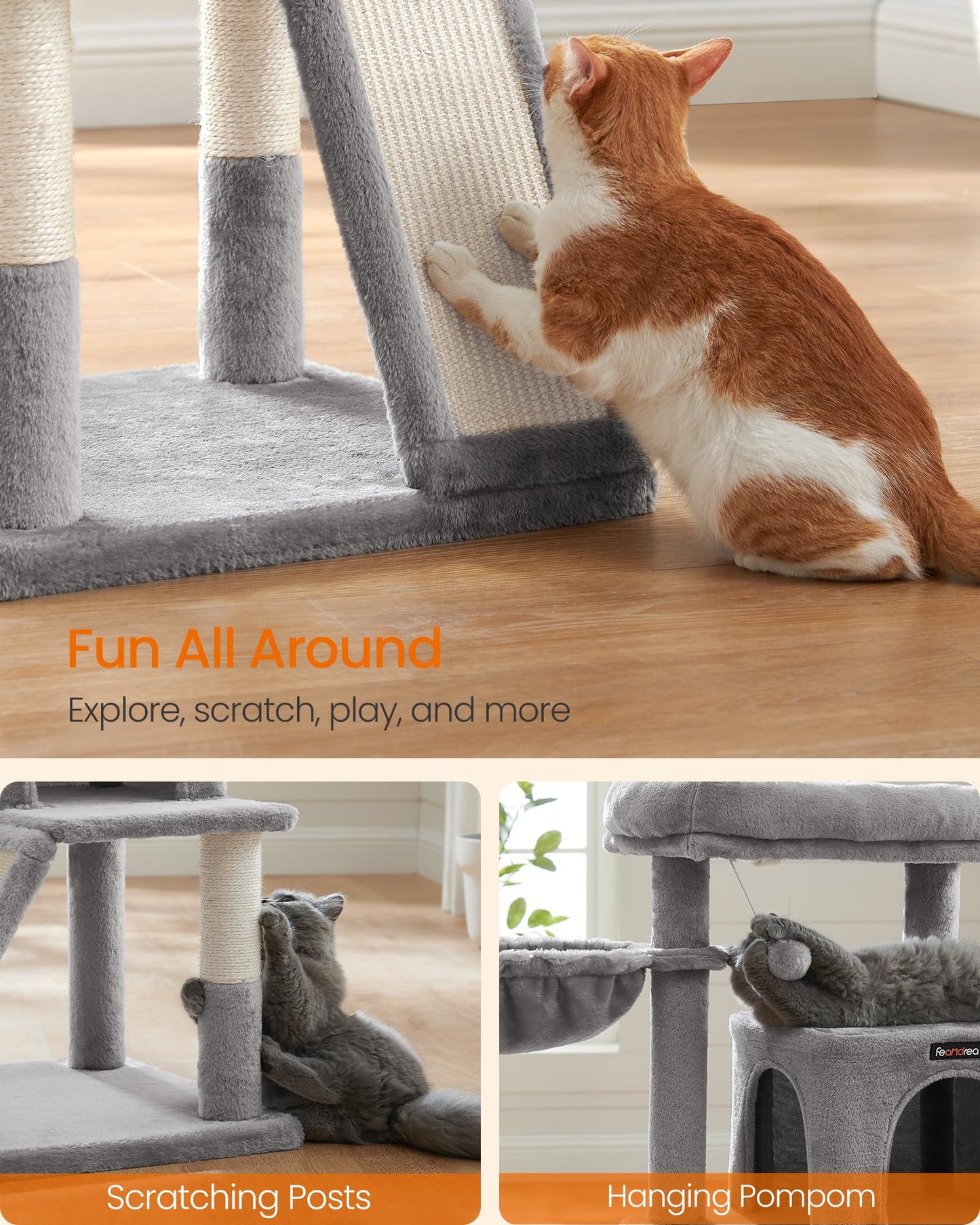 Feandrea Cat Tree, Small Cat Tower with Widened Perch for Large Cats Indoor, Kittens, 96 cm Multi-Level Cat Condo, Scratching Posts and Ramp, 2-Door Cat Cave, Cat Basket, Light Gray UPCT51W