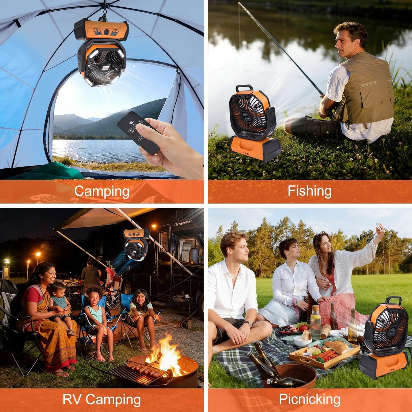 VolyCyrenic Camping Portable Fan, 16000mAh Rechargeable Battery Powered Fans with LED Light for Tent, Auto Oscillation Desk Fans with Remote & Hook & Timer, Orange
