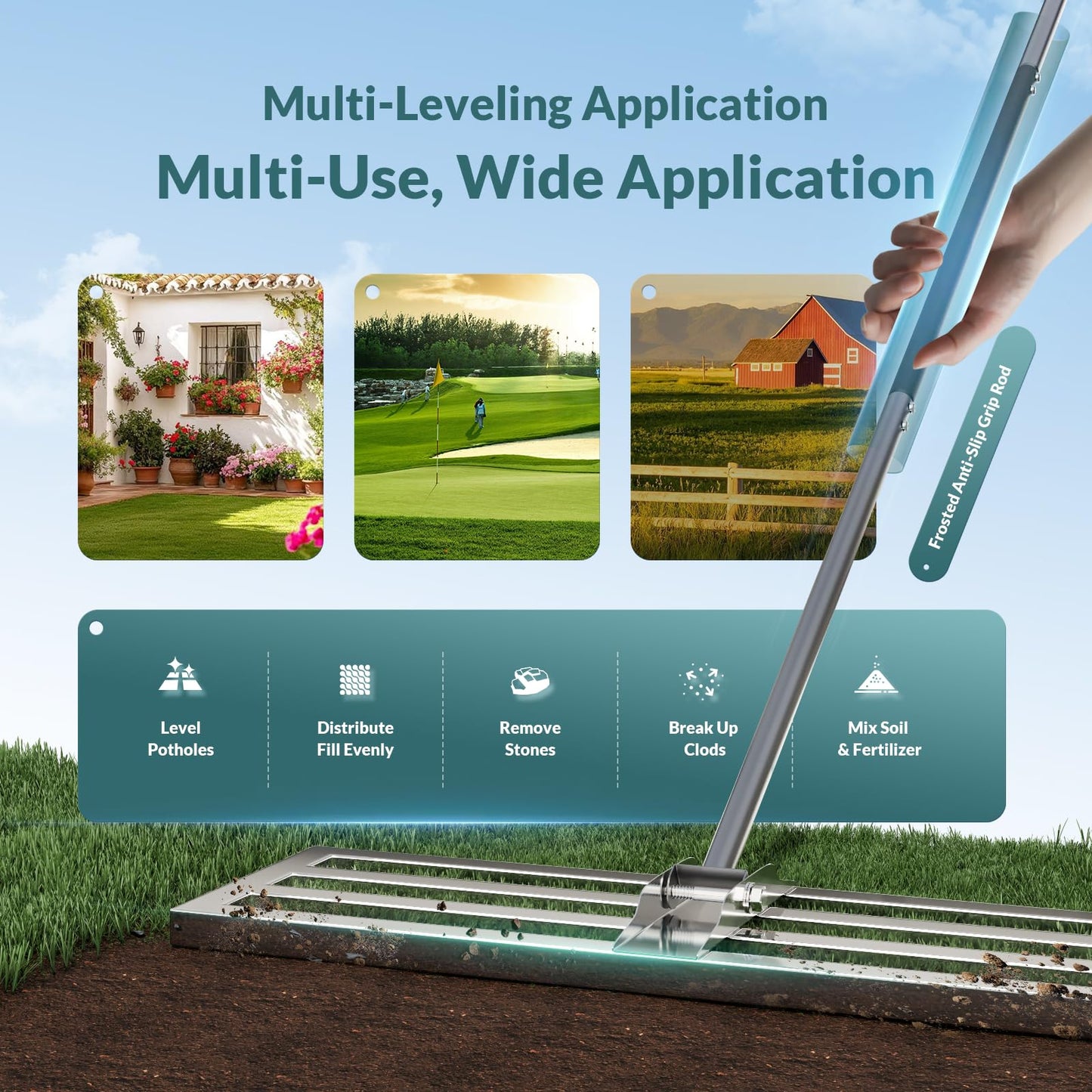 Professional 30" x 10" Lawn Leveling Rake - Upgraded 304 Stainless Steel Yard Lute with 79" Extra-Long Handle & Full-Closed Base Design - Heavy Duty Soil Leveler for Grass, Sand, & Compost