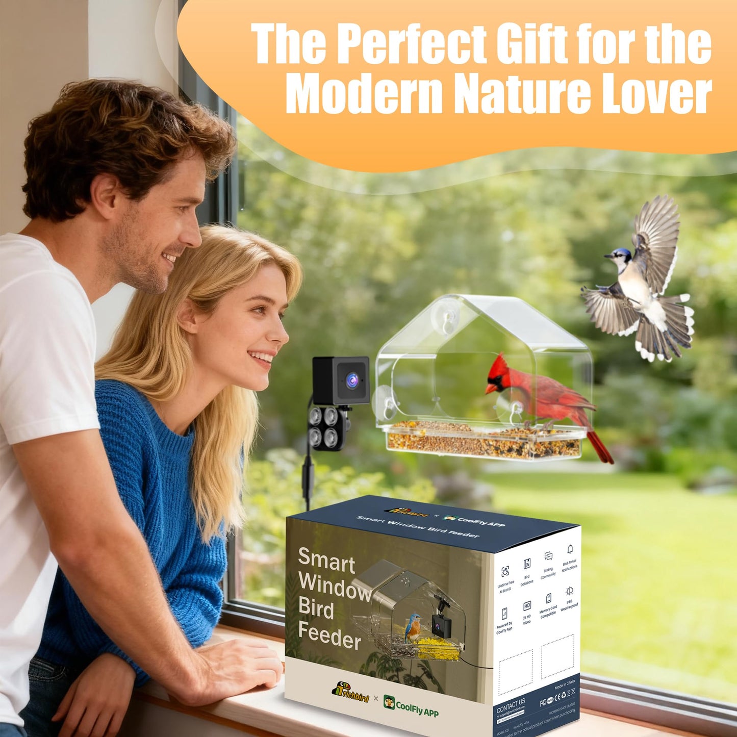 Richbird Waterproof Smart Window Bird Feeder Camera with AI, All-Weather 2K HD Live View & Secure Suction Mount - The Ultimate Outdoor Gift for Bird Watchers