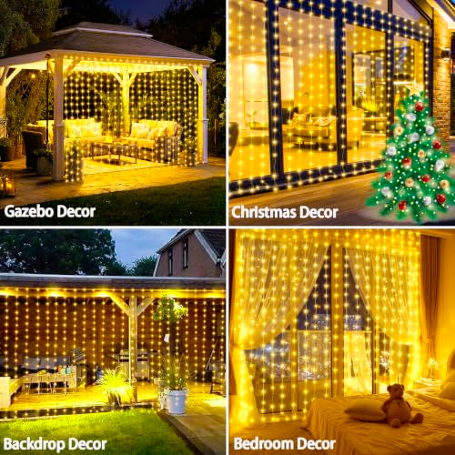 Curtain Lights Outdoor 10x10Ft 300LED Hanging Solar Lights with Solar & USB-C Charging 13 Modes Dimmable Waterproof Remote Twinkle Fairy String Light for Gazebo Patio Christmas Yard Pavilion Pergola