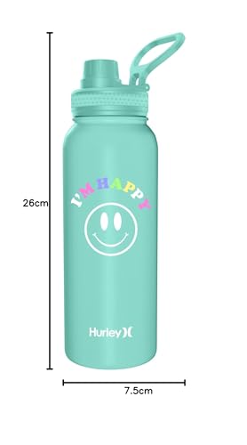 Hurley 32 Oz Reusable Water Bottle with Chug Cap Stainless Steel Sports Bottle "I'M HAPPY" Design with Handle on Lid, Mint