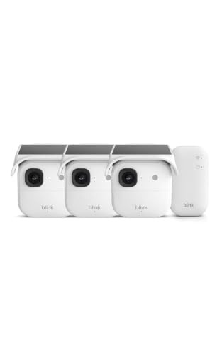 Blink Solaris 2K+ (newest model) — Solar-powered battery smart security camera, wireless fixed solar panel, 2K video, Sync Module Included — 3 Camera System (White)