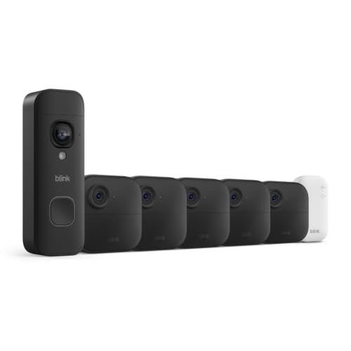 Blink Outdoor 4 and Battery Doorbell 2K+ (newest model) — Two-year battery 1080p cameras and 2K battery doorbell. Sync Module Core included — 5 Cameras + Doorbell (Black)