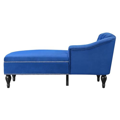 Merax 58'' Velvet Chaise Lounge, Button Tufted Right Arm Facing Lounge Chair with Nailhead Trim & Solid Wood Legs, Sleeper Lounge Sofa for Living Room, Bedroom, Office (Blue)