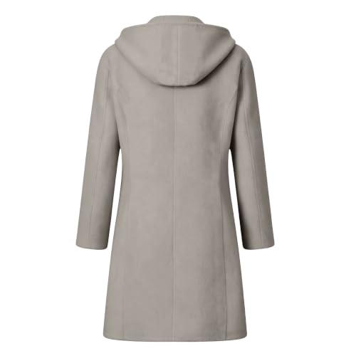 Mid Length Hooded Trench Coat for Women Long Sleeve Button Down Wool Jacket