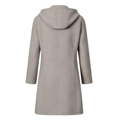 Mid Length Hooded Trench Coat for Women Long Sleeve Button Down Wool Jacket