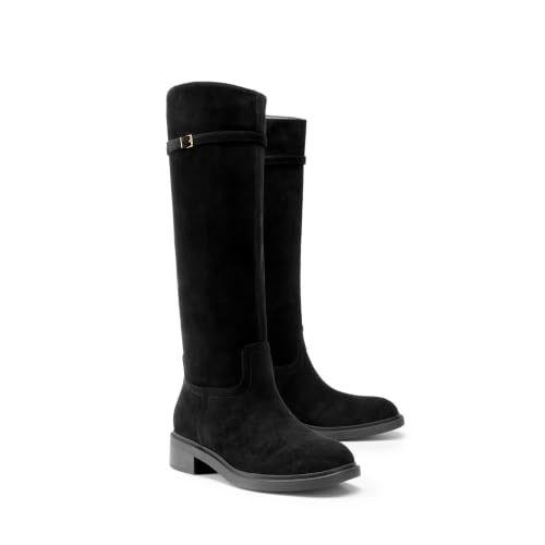 DREAM PAIRS Knee-High Buckle Strap Riding Boots,Black-Suede,7 | Round Toe Straight Shaft Knee-high Easy Pull-on Adjustable Metal Buckle 5mm Foam Insole Faux Suede & PU Leather Tall Boot