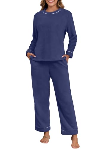🌈 MANY COLOR CHOICES - VINTATRE Women's Flannel Pajamas Set 2 Piece Fall Winter Pajama Soft Long Sleeve Sleepwear with Pockets Navy Blue-M