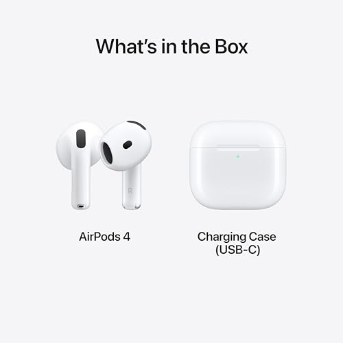 Apple AirPods 4 Wireless Earbuds, Bluetooth Headphones, Personalized Spatial Audio, Sweat- and Water-Resistant, USB-C Charging Case, H2 Chip, Up to 30 Hours of Battery Life