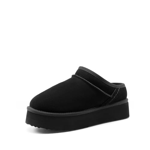 DREAM PAIRS Women's Platform Slippers Genuine Suede,Black,7