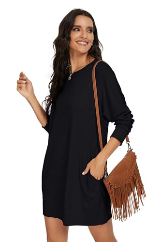 PrinStory Womens Long Sleeves Dresses Casual Loose Round-Neck Tuinc Tops Basic Dress with Side Pockets