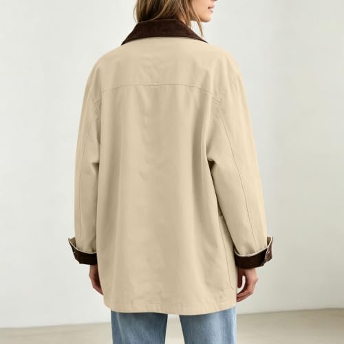 Womens Jackets Trendy 2026 Fall Jackets for Women Corduroy Collar Rollable Contrast Cuffs Travel Coat Button Front Winter Workwear With Pocket Khaki Large