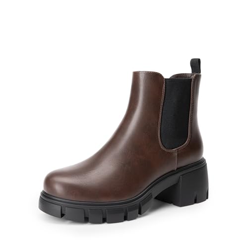 DREAM PAIRS Women's Chelsea Ankle Boots Fall Booties,Brown,6 | Platform Chunky Heel,Round Toe,Pull-On,Comfortable,for Fall Winter Outdoor Walking,Office,Daily