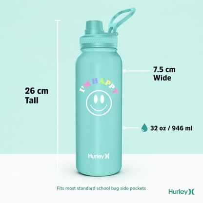 Hurley 32 Oz Reusable Water Bottle with Chug Cap Stainless Steel Sports Bottle "I'M HAPPY" Design with Handle on Lid, Mint