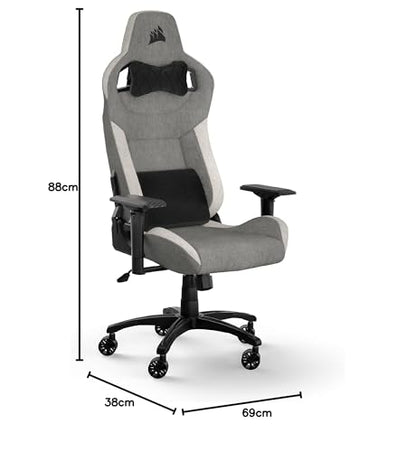 Corsair T3 Rush Fabric Gaming Chair (2023) – Racing-Inspired Design – Soft Fabric Exterior – Padded Neck Cushion – Memory Foam Lumbar Support – Adjustable Seat Height – Gray & White