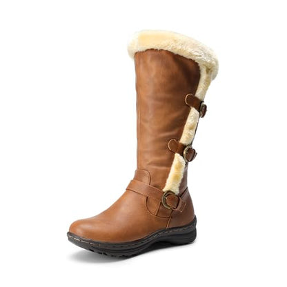DREAM PAIRS Women Knee High Fully Fur Lined Boots,Camel/Pu,9