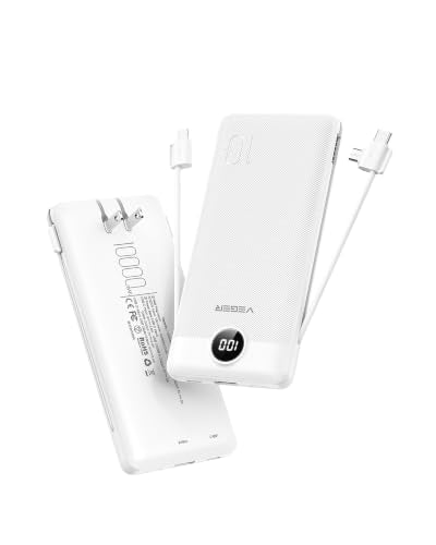 VEGER Portable Charger with Built-in Cables & AC Plug, 10000mAh Power Bank