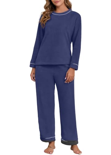 🌈 MANY COLOR CHOICES - VINTATRE Women's Flannel Pajamas Set 2 Piece Fall Winter Pajama Soft Long Sleeve Sleepwear with Pockets Navy Blue-M