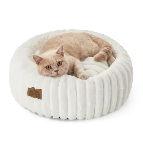 COZY KISS Donut Small Cat Bed for Indoor Cat, Kitten Bed Calming 50cm Cream