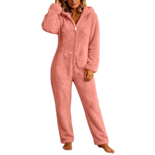 Womens Onesie Fleece Zip Up Cuffs Hooded Loose Cute Bear Pajamas | Long Sleeve Soft Fuzzy Jumpsuit,Casual Lounge One Piece Sherpa Sleepwear,Adult Onesie Party Funny Pjs,Fall Winter Loungewear