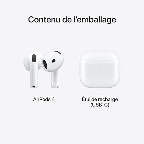 Apple AirPods 4 Wireless Earbuds, Bluetooth Headphones, Personalized Spatial Audio, Sweat- and Water-Resistant, USB-C Charging Case, H2 Chip, Up to 30 Hours of Battery Life