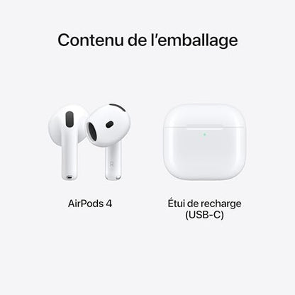 Apple AirPods 4 Wireless Earbuds, Bluetooth Headphones, Personalized Spatial Audio, Sweat- and Water-Resistant, USB-C Charging Case, H2 Chip, Up to 30 Hours of Battery Life