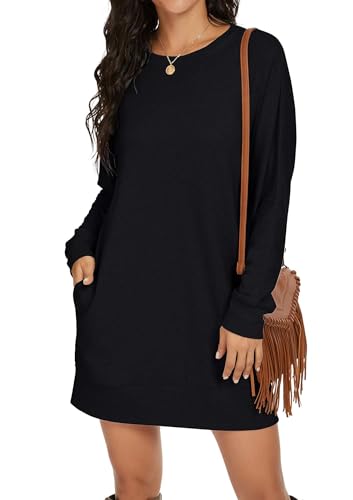 PrinStory Womens Long Sleeves Dresses Casual Loose Round-Neck Tuinc Tops Basic Dress with Side Pockets