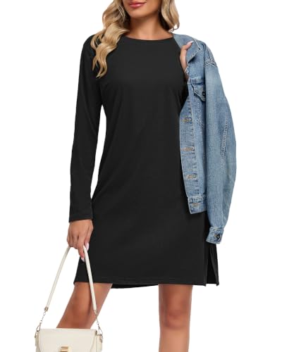 WNEEDU Dresses for Women 2026 Casual Long Sleeve Shirt Fall Outfit,Black,L