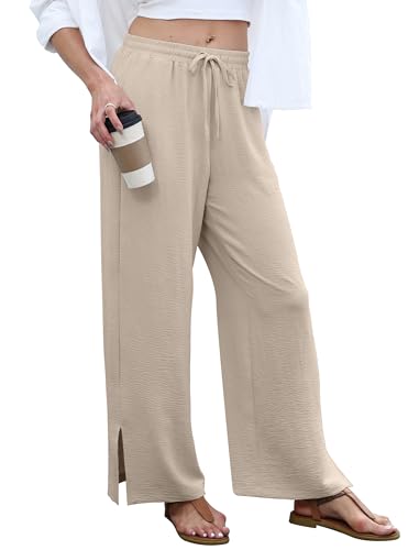 SAMPEEL Women's Wide Leg Pants Elastic Waist Casual Flowy Palazzo Lounge Trousers Outfits Western Capsule Wardrobe for Women Oatmeal S