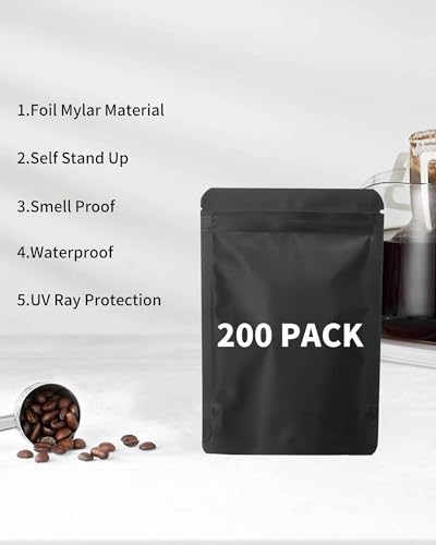 200 Pieces Resealable Mylar Bags Smell Proof Stand Up Foil Pouch for Zip Aluminium Foil Lock Food Storage Packaging Airtight Zipper Pouches (3.3x5.1 inch, Black, 200)